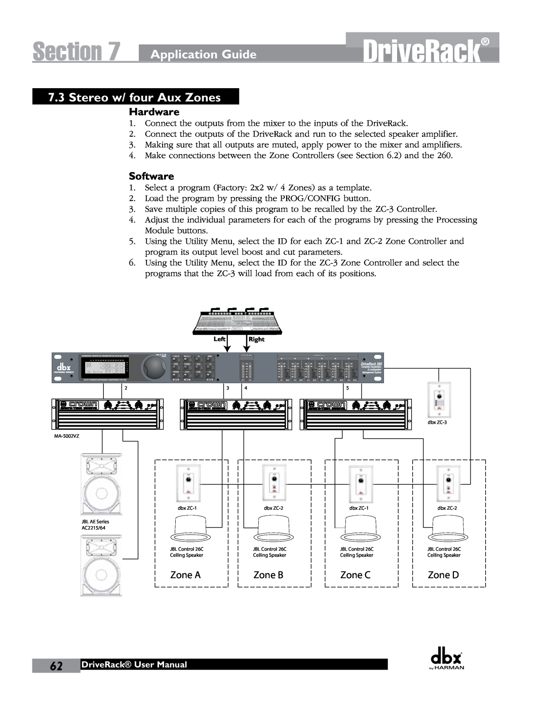 JBL 260 user manual DriveRack, Section, Application Guide, Stereo w/ four Aux Zones, Hardware, Software 