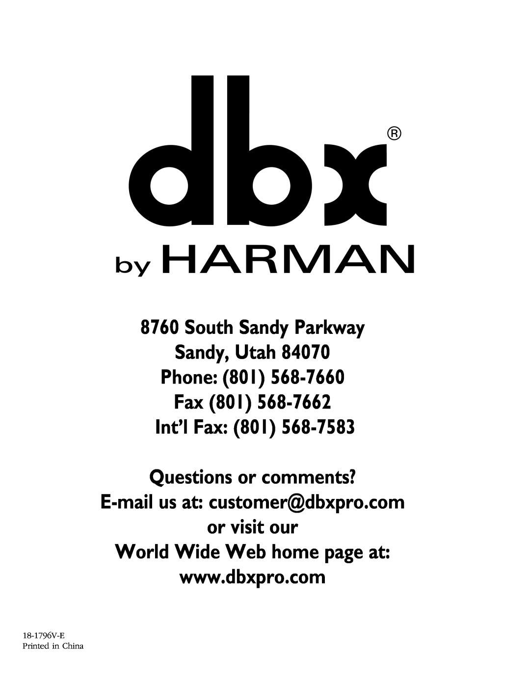 JBL 260 user manual South Sandy Parkway Sandy, Utah Phone: 801, Fax 801 Int’l Fax: 801 Questions or comments? 