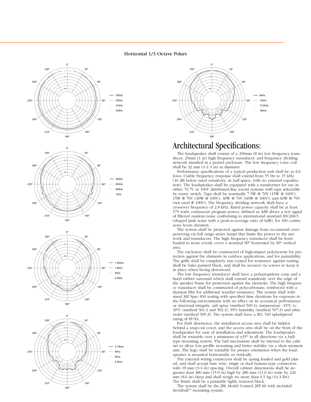 JBL 28T-60 specifications Architectural Speciﬁcations 