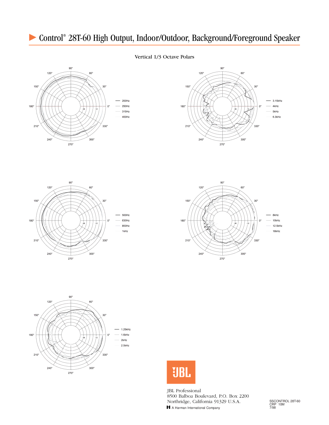 JBL 28T-60 specifications Vertical 1/3 Octave Polars 