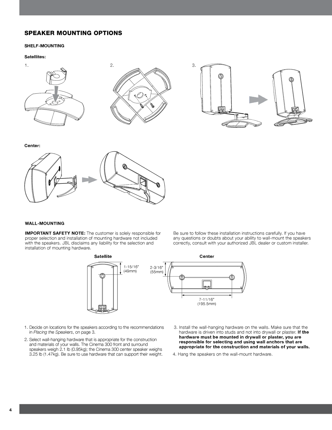 JBL 300 quick start Speaker Mounting Options, Shelf-Mounting, Wall-Mounting 