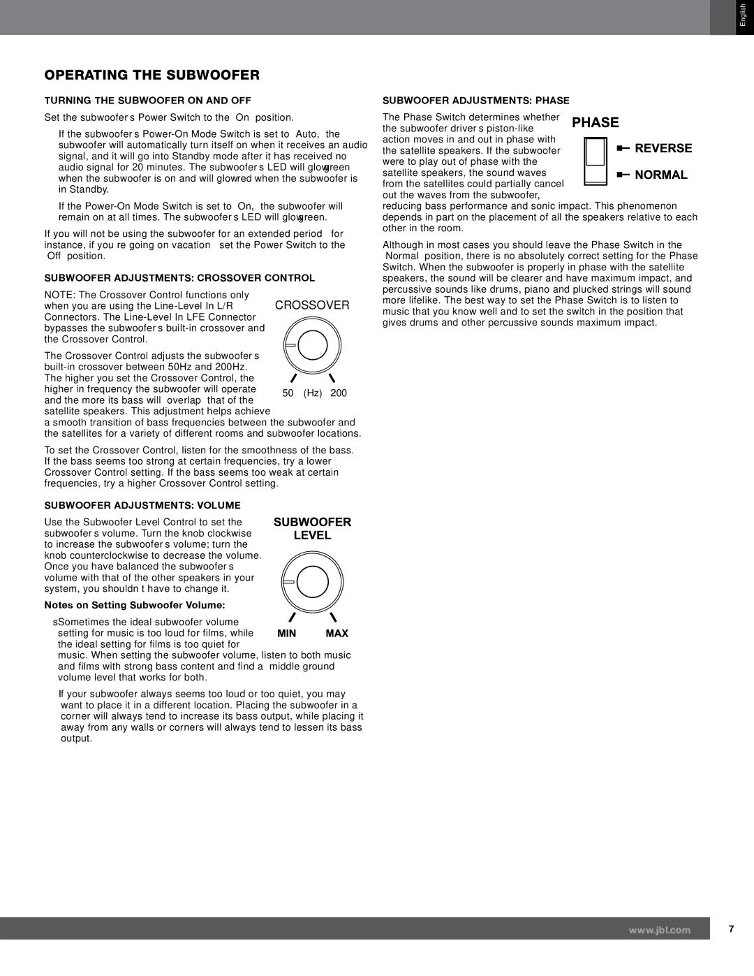 JBL 300 quick start Operating the Subwoofer, Turning the Subwoofer on and OFF, Subwoofer Adjustments Crossover Control 