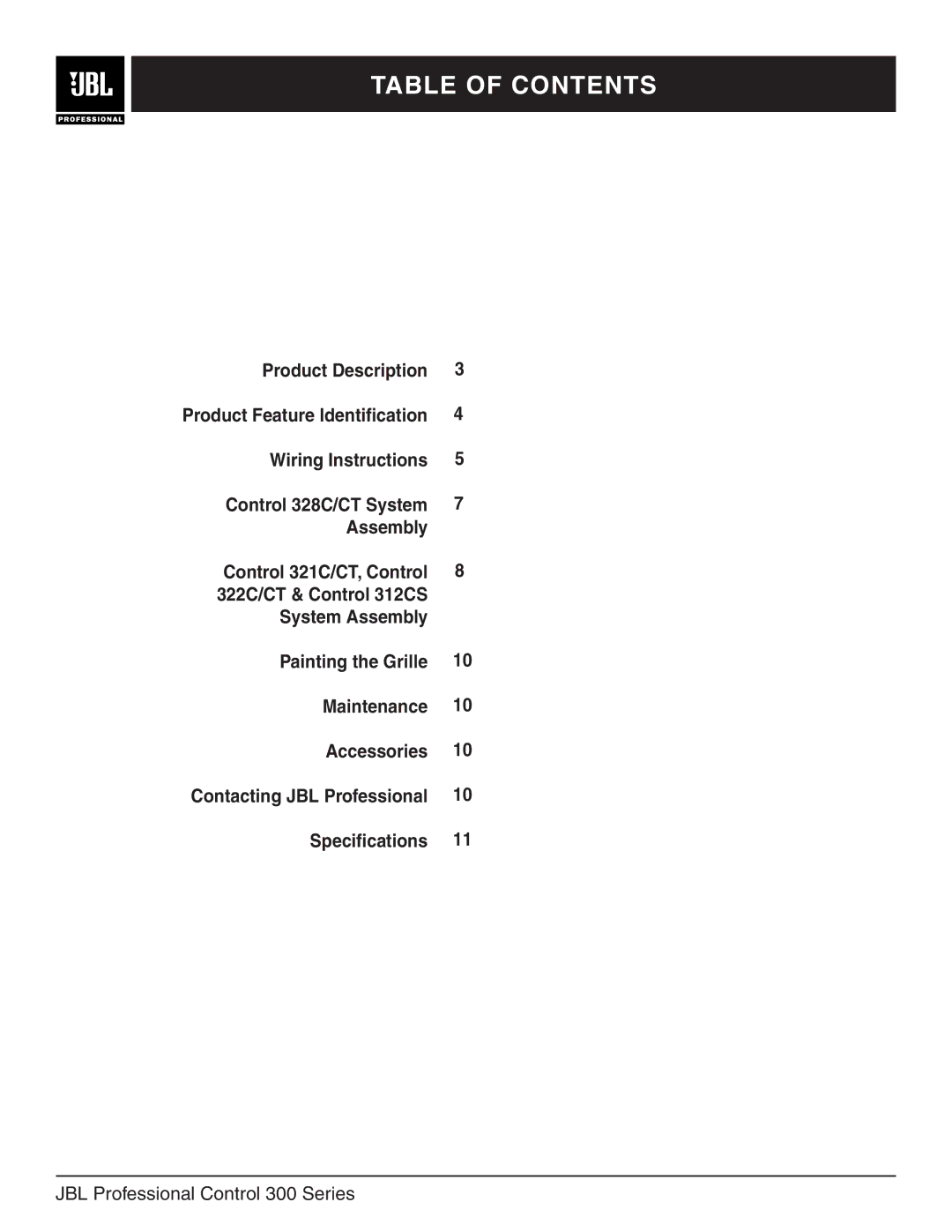 JBL 328CT, 322CT, 321CT, 300 Series, 312CS manual Table of Contents 