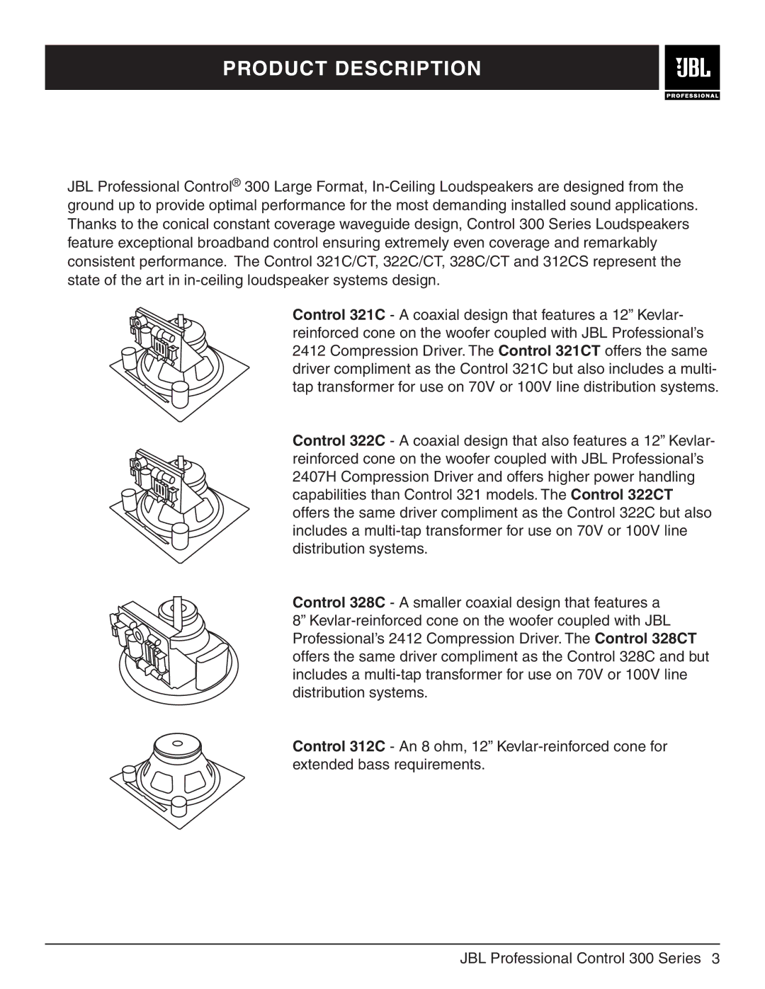 JBL 321CT, 328CT, 322CT, 300 Series, 312CS manual Product Description 