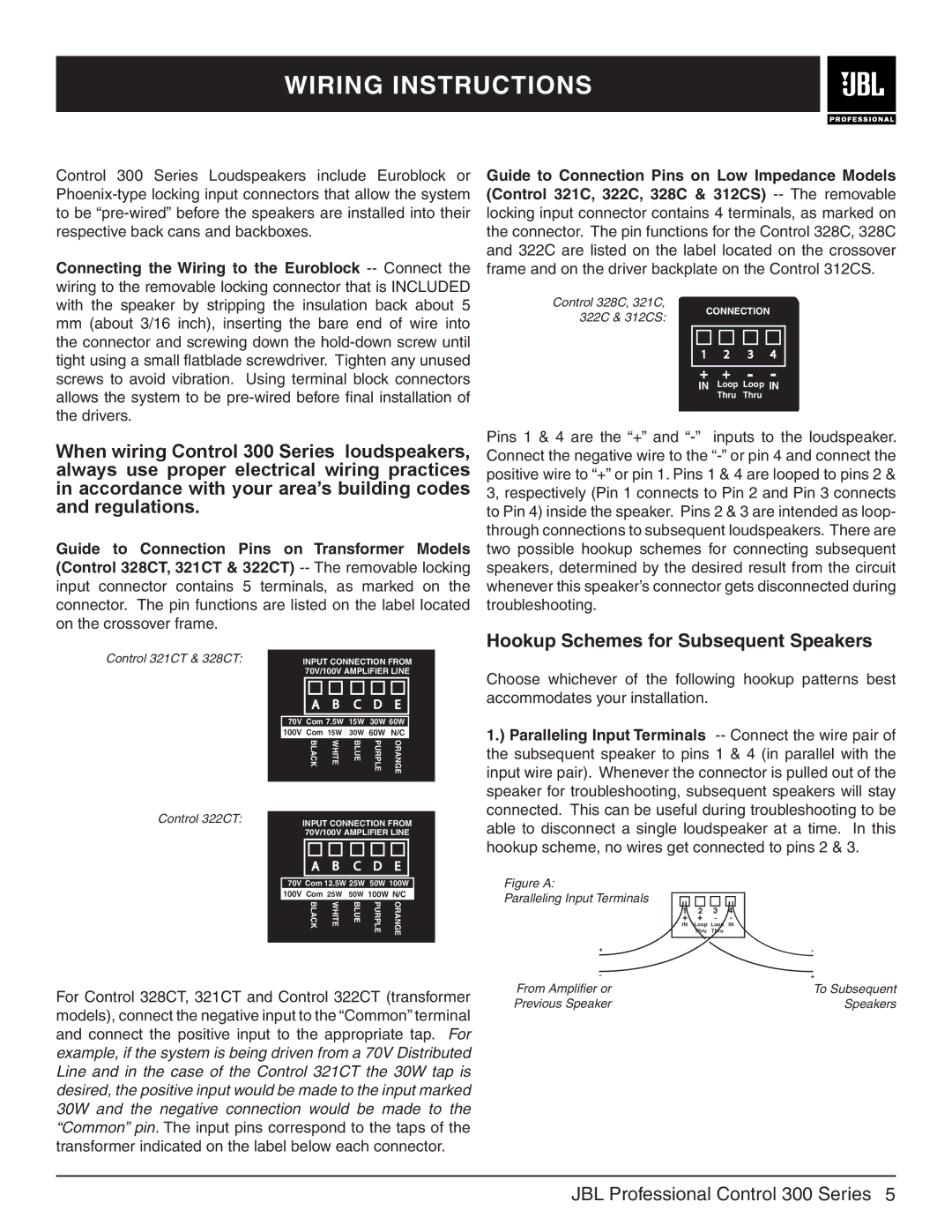 JBL 300 Series, 328CT, 322CT, 321CT, 312CS manual Wiring Instructions, Hookup Schemes for Subsequent Speakers 