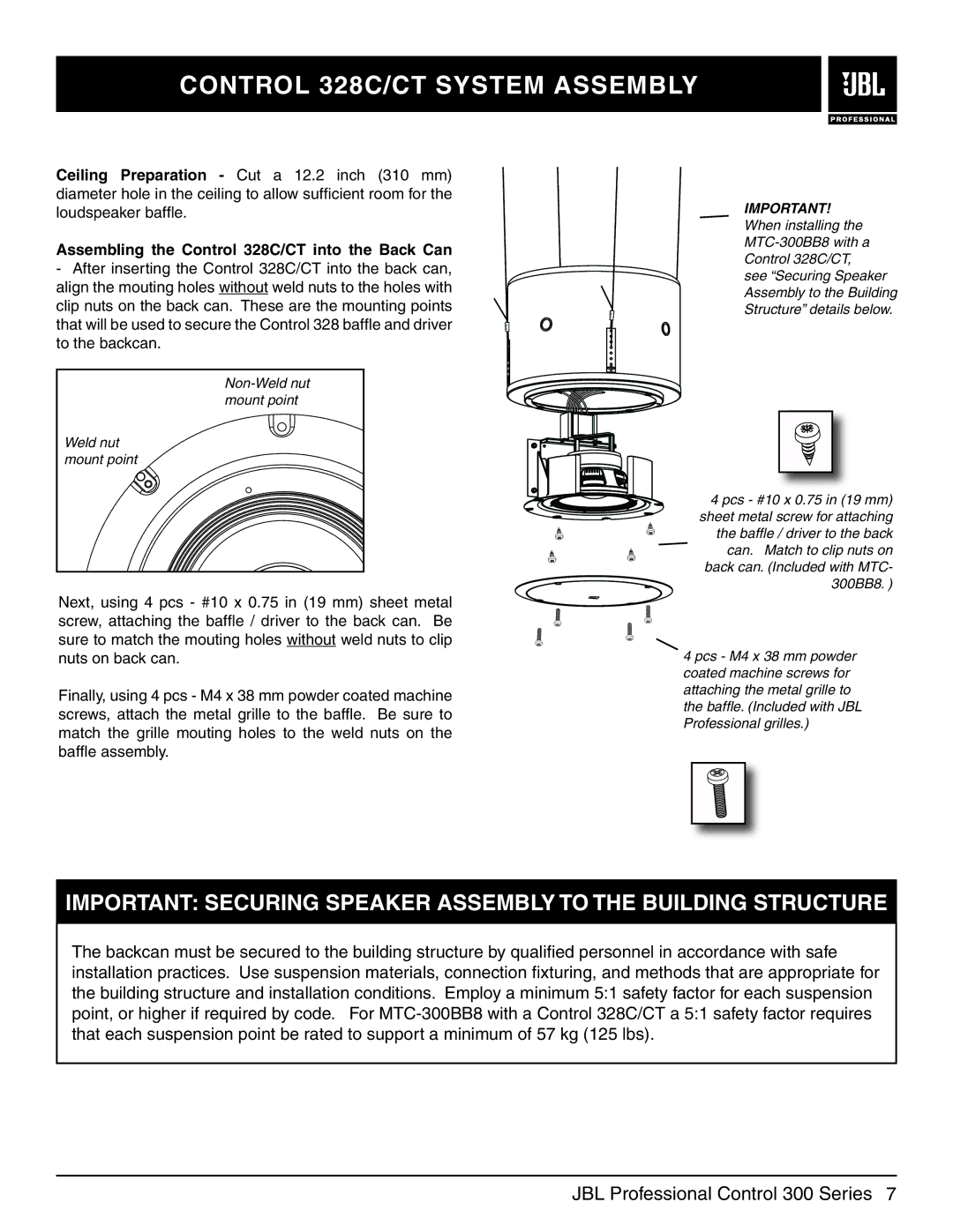 JBL 328CT, 322CT, 321CT, 300 Series Control 328C/CT System Assembly, Assembling the Control 328C/CT into the Back Can 