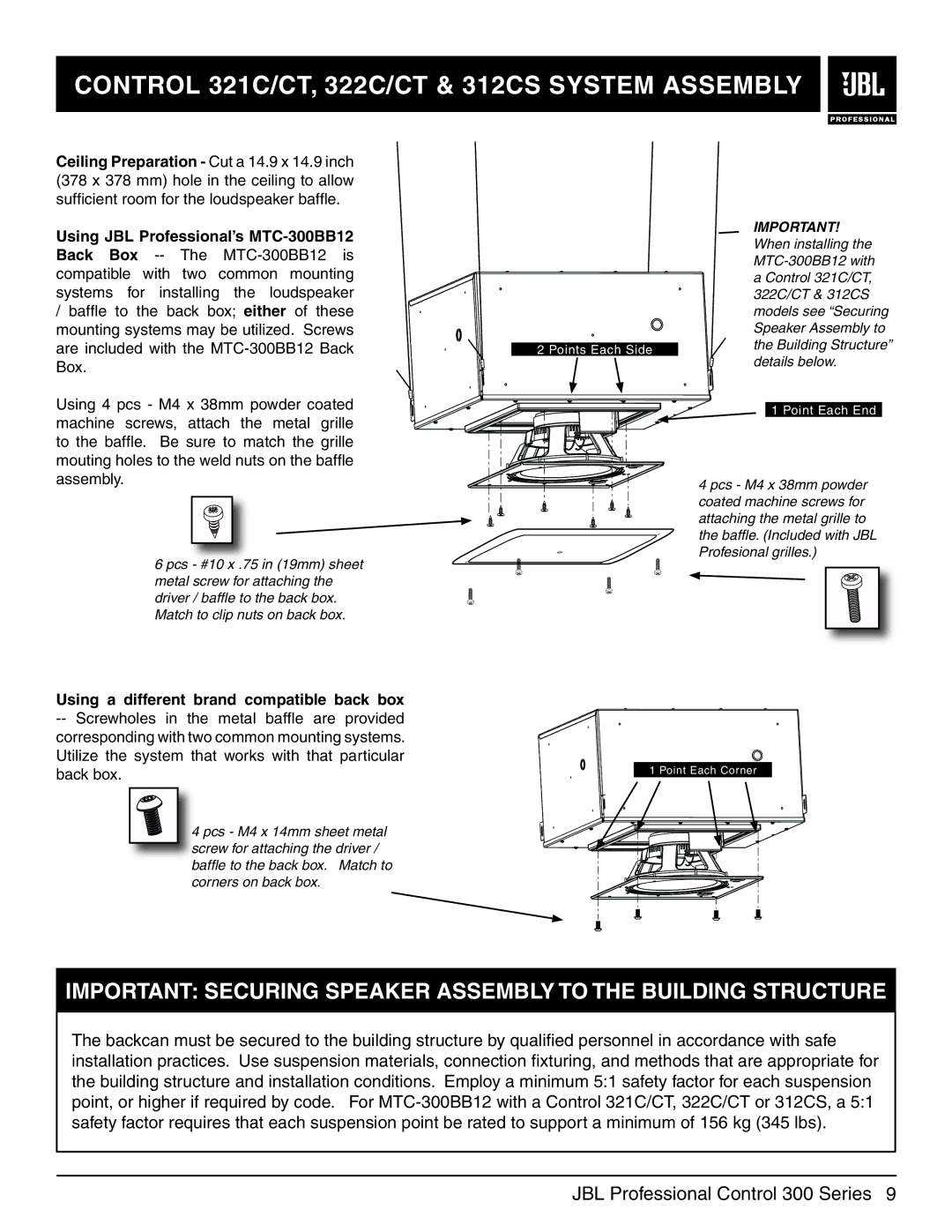 JBL 322CT, 328CT, 321CT manual Using JBL Professional’s MTC-300BB12, Back Box, Using a different brand compatible back box 