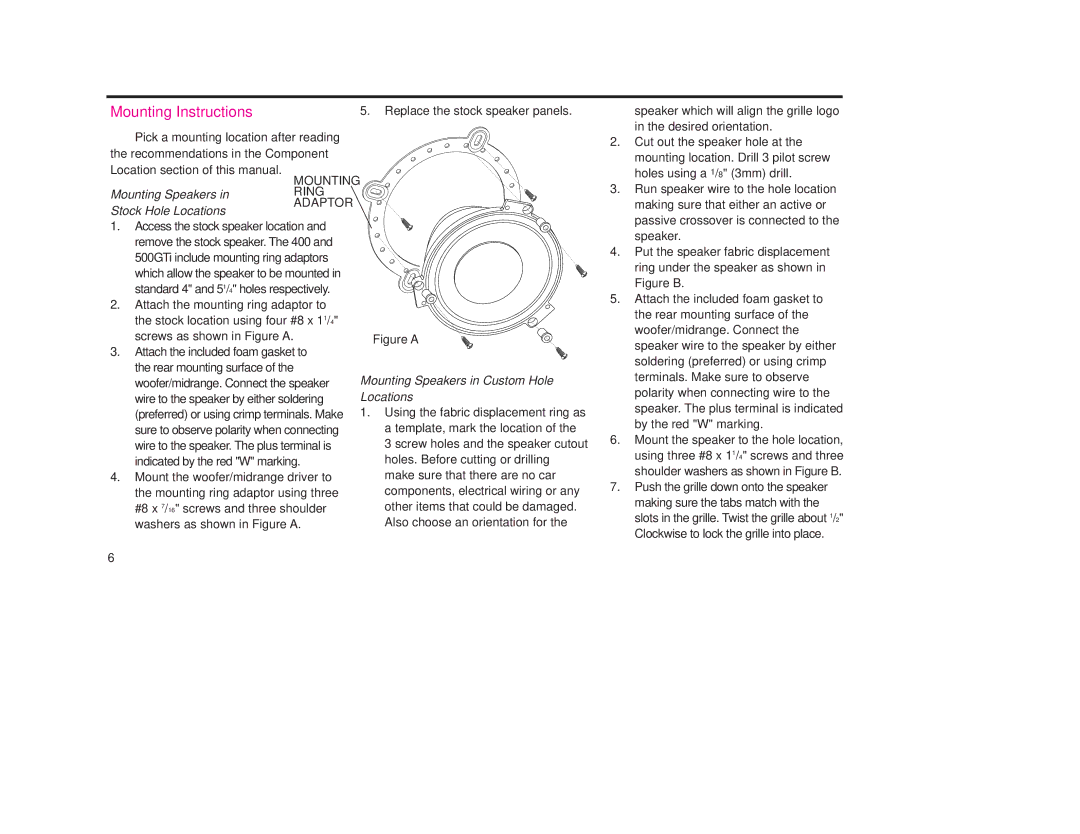 JBL 400GTi, 500GTi manual Mounting Instructions, Replace the stock speaker panels 