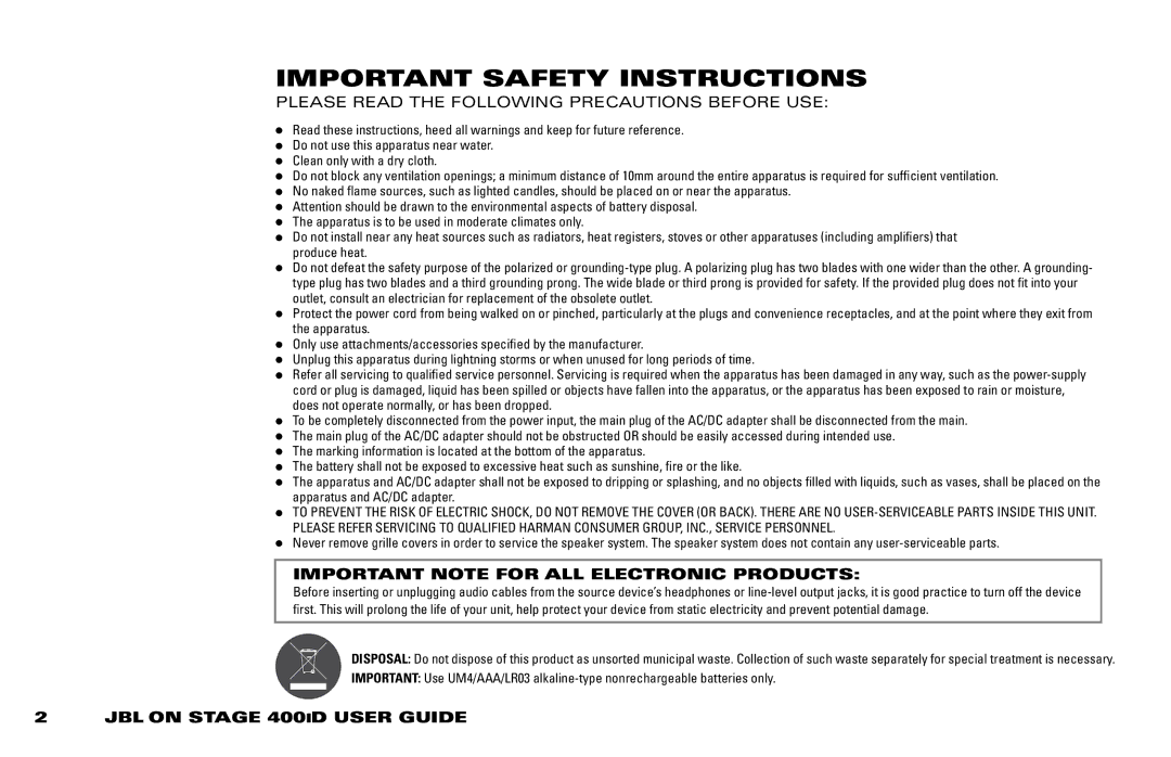 JBL 400ID manual Important Safety Instructions, Important Note for All Electronic Products, Jbl On Stage 400iD User Guide 