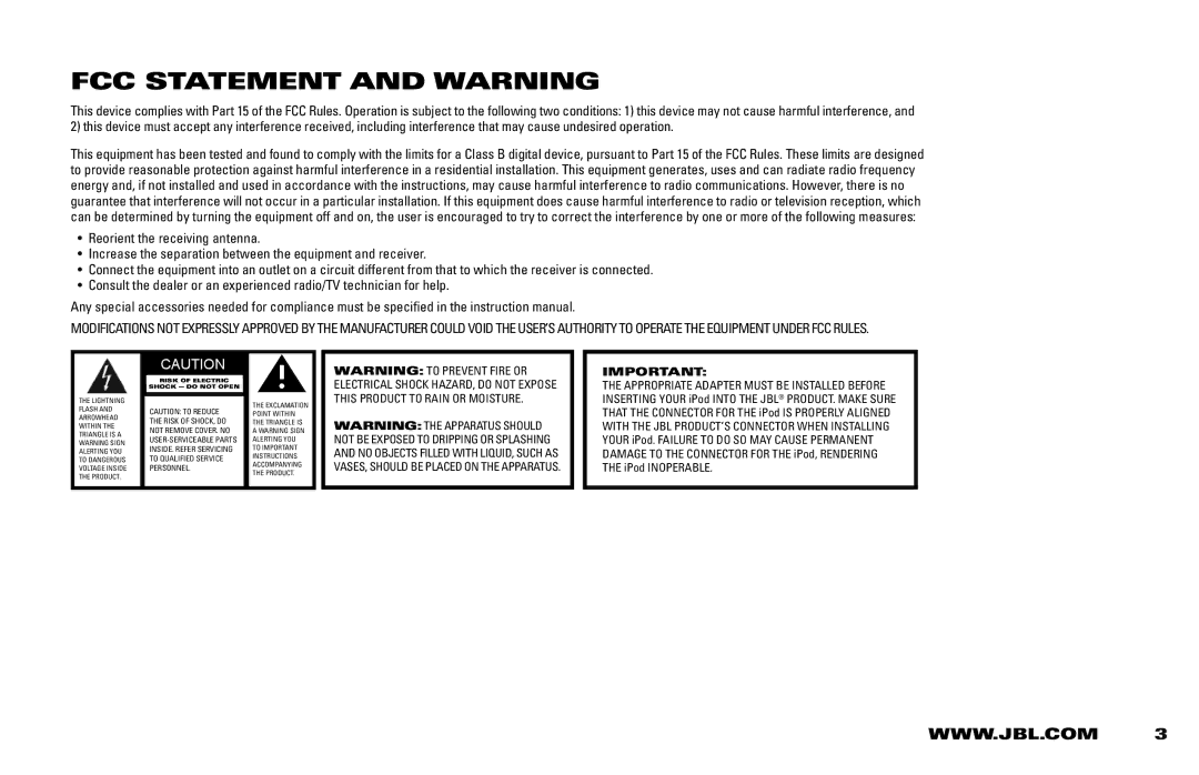 JBL 400ID manual FCC Statement and Warning, Risk of Electric Shock do not Open 