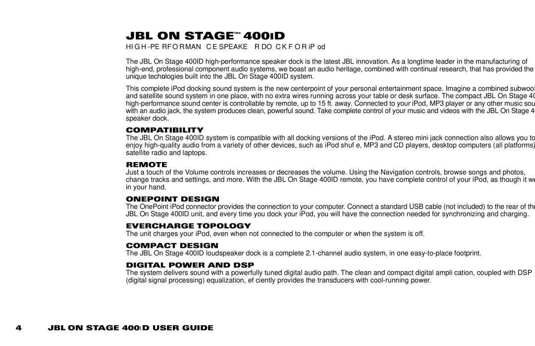 JBL manual JBL on STAGE* 400ID, Evercharge Topology, Compact Design, Digital Power and DSP 