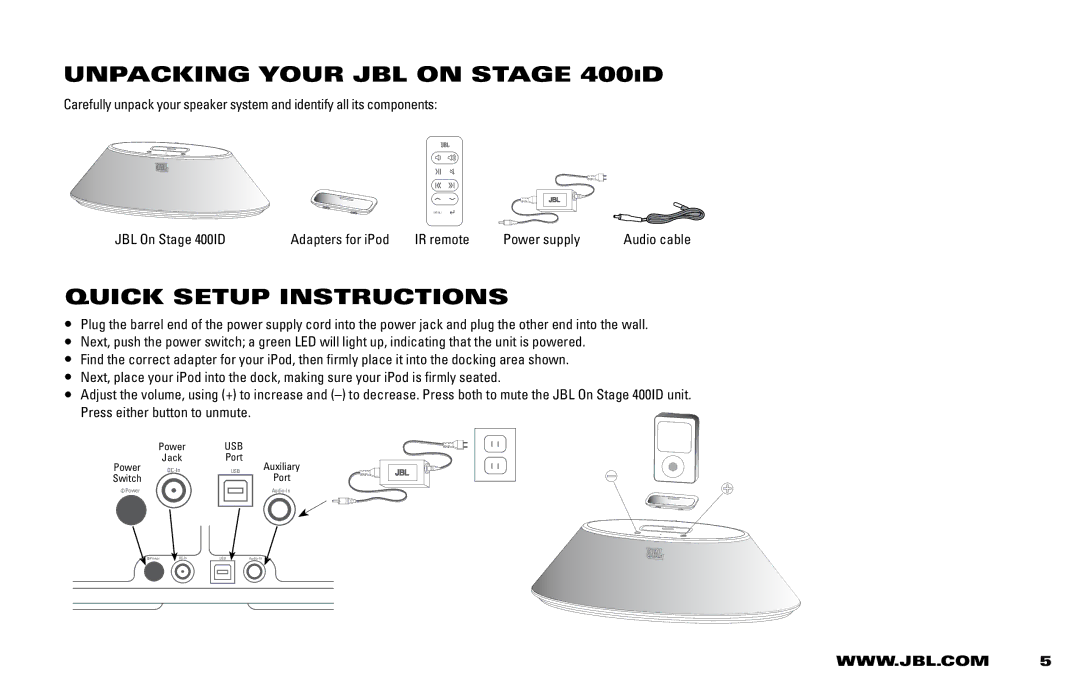 JBL 400ID manual Unpacking your jbl On Stage 400iD, Quick setup instructions 