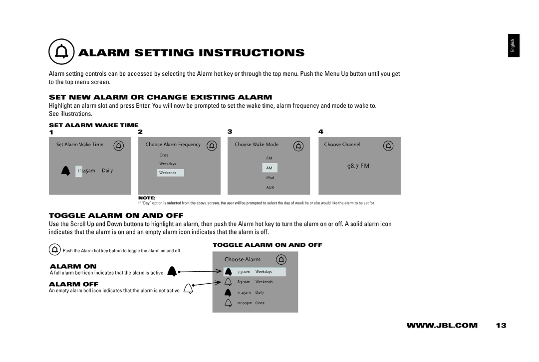 JBL 400IHD manual AlARM SETTinG inSTRUCTiOnS, SET nEw AlARM or CHAnGE ExiSTinG AlARM, TOGGlE AlARM On AnD OFF, Choose Alarm 