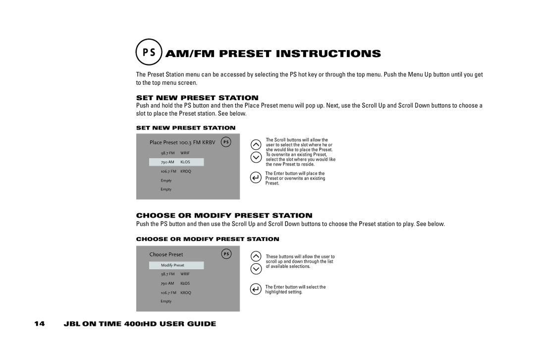 JBL 400IHD manual AM/FM Preset inSTRUCTiOnS, SET nEw Preset STATiOn, Choose or MODiFy Preset STATiOn 