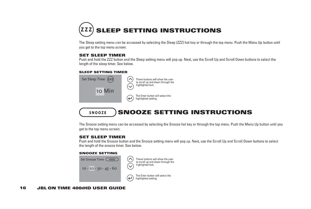 JBL 400IHD manual SlEEP SETTinG inSTRUCTiOnS, SnOOzE SETTinG inSTRUCTiOnS, SET SlEEP TiMER, SlEEP SETTinG TiMER 