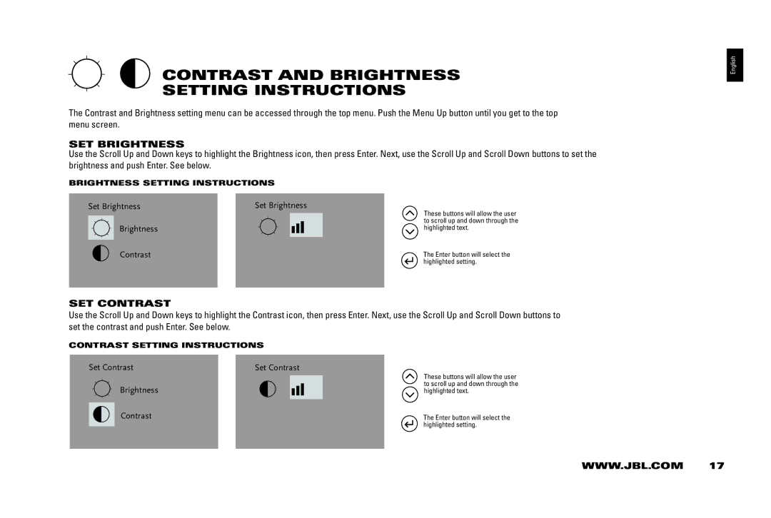 JBL 400IHD manual COnTRAST AnD bRiGHTnESS SETTinG inSTRUCTiOnS, SET bRiGHTnESS, SET COnTRAST 