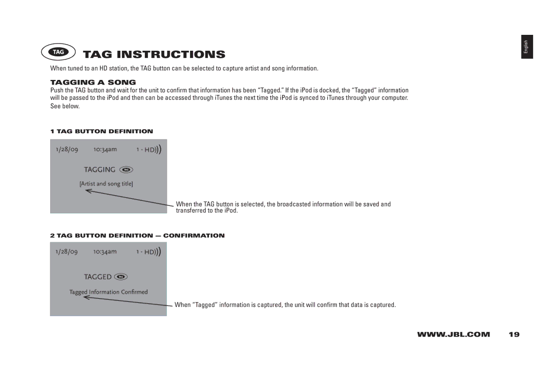 JBL 400IHD manual TAG TAG Instructions, Tagging a Song, Artist and song title, Tagged Information Confirmed 