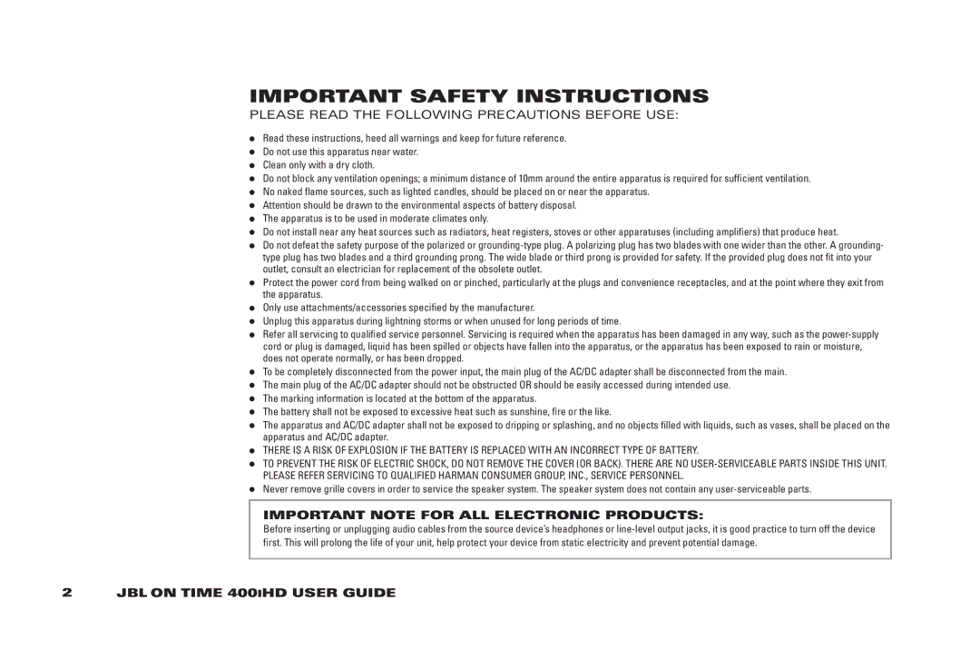 JBL 400IHD manual IMPORTAnT SAFETy inSTRUCTiOnS, IMPORTAnT nOTE for All ElECTROniC Products, Jbl On TiME 400iHD User GUiDE 