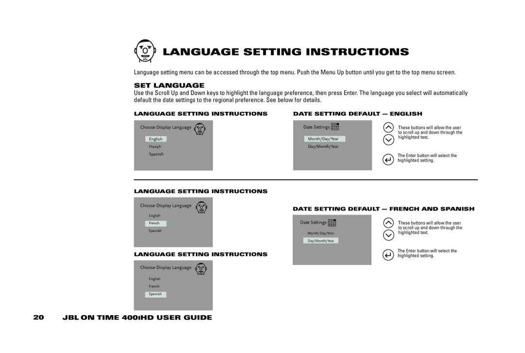 JBL 400IHD manual SET lAnGUAGE, LAnGUAGE SETTinG inSTRUCTiOnS Date SETTinG DEFAUlT EnGliSH 