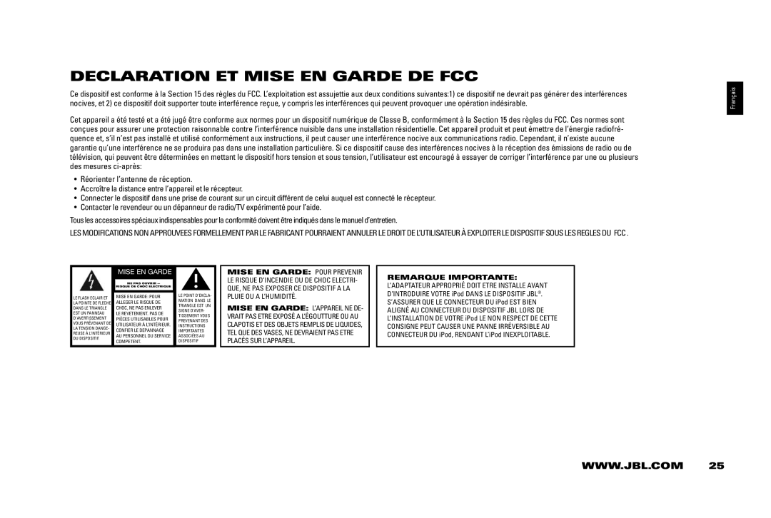 JBL 400IHD manual Declaration ET Mise EN Garde DE FCC 