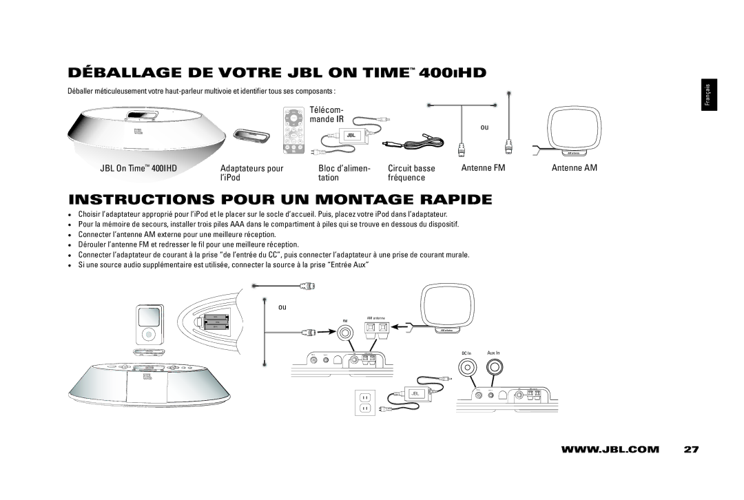 JBL 400IHD manual DÉbAllAGE DE vOTRE jbl On TiME 400iHD, InSTRUCTiOnS Pour Un MOnTAGE RAPiDE, Adaptateurs pour, Antenne FM 