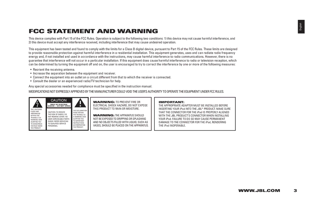 JBL 400IHD manual FCC Statement and Warning, English 