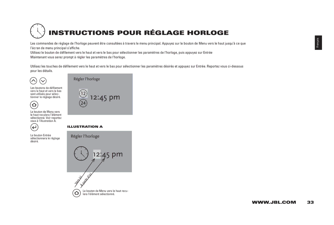 JBL 400IHD manual 45 pm, InSTRUCTiOnS Pour RÉGlAGE HORlOGE 