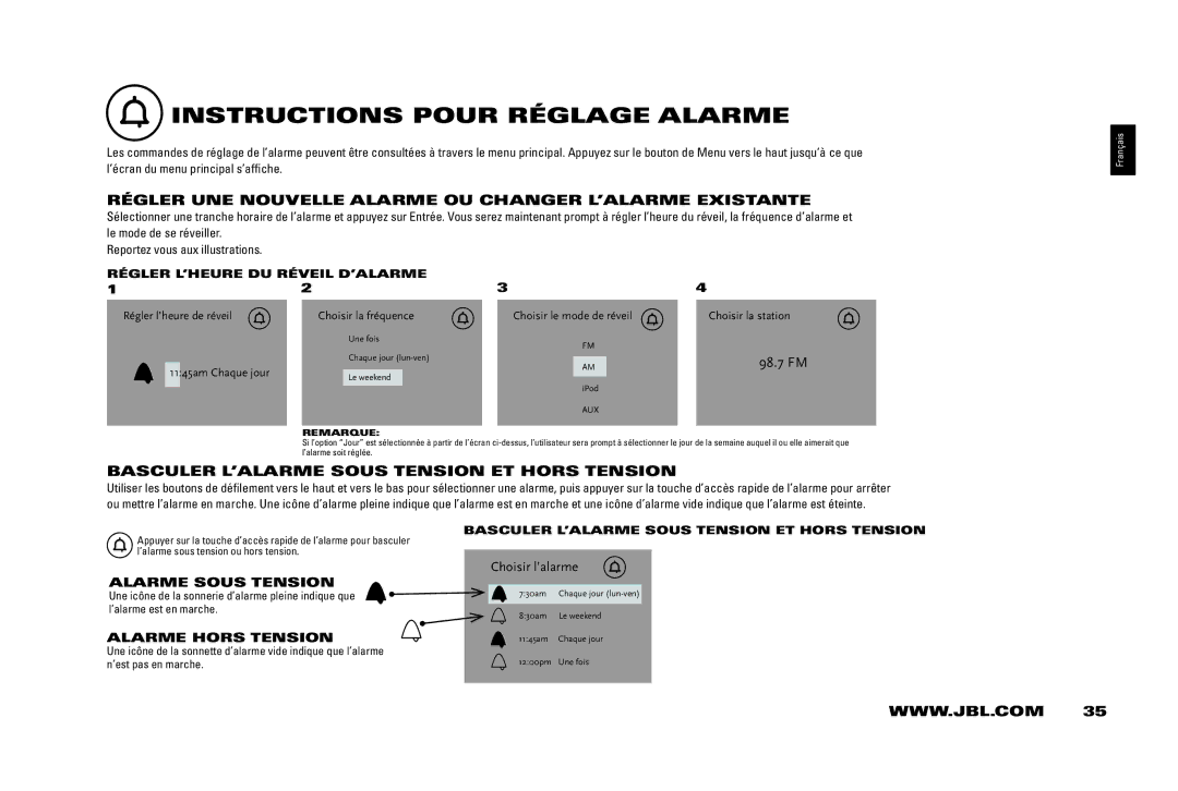 JBL 400IHD InSTRUCTiOnS Pour RÉGlAGE AlARME, RÉGlER UnE nOUvEllE AlARME OU CHAnGER l’AlARME ExiSTAnTE, Choisir l’alarme 