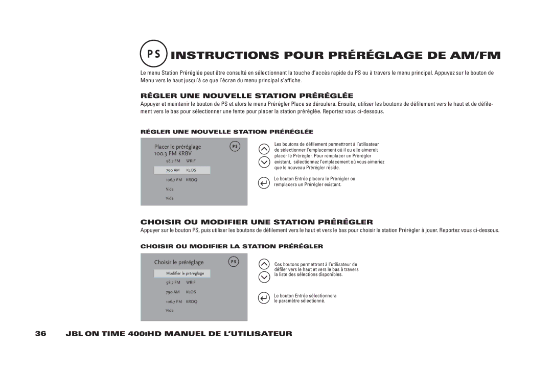 JBL 400IHD manual InSTRUCTiOnS Pour PRÉRÉGlAGE DE AM/FM, RÉGlER UnE nOUvEllE STATiOn PRÉRÉGlÉE 