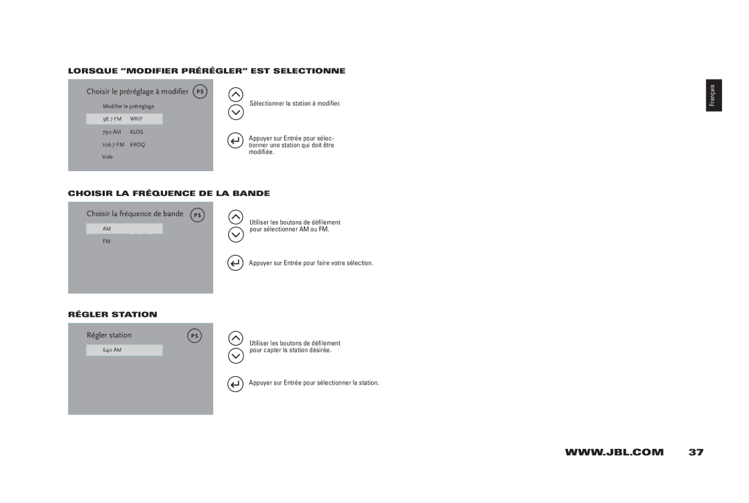 JBL 400IHD manual LORSqUE MODiFiER PRÉRÉGlER EST SElECTiOnnE, CHOiSiR lA FRÉqUEnCE DE lA bAnDE, RÉGlER STATiOn 