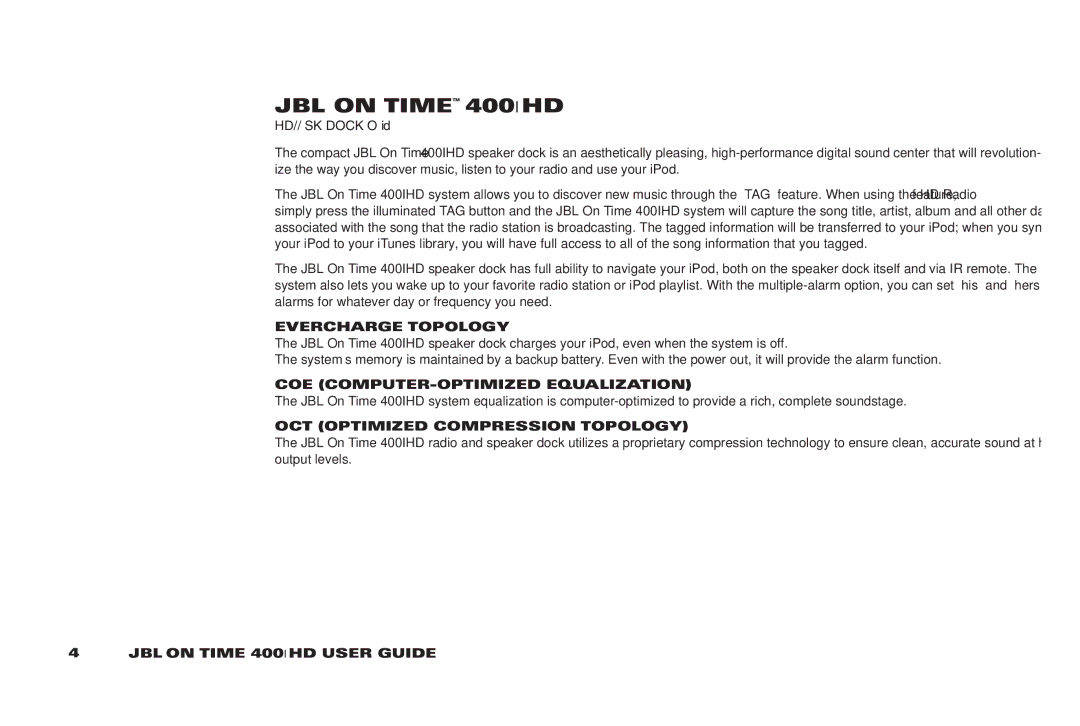 JBL 400IHD manual Jbl On Time 400iHD, Evercharge topology, COE Computer-Optimized Equalization 