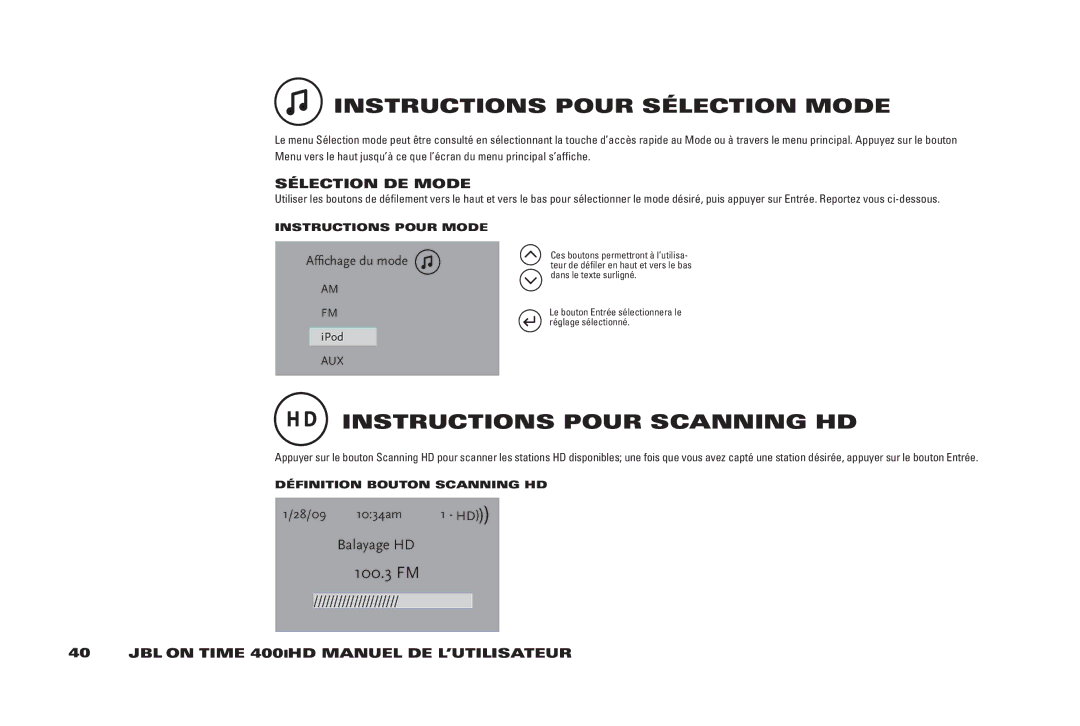 JBL 400IHD InSTRUCTiOnS Pour SÉlECTiOn Mode, InSTRUCTiOnS Pour SCAnninG HD, SÉlECTiOn DE Mode, InSTRUCTiOnS Pour Mode 