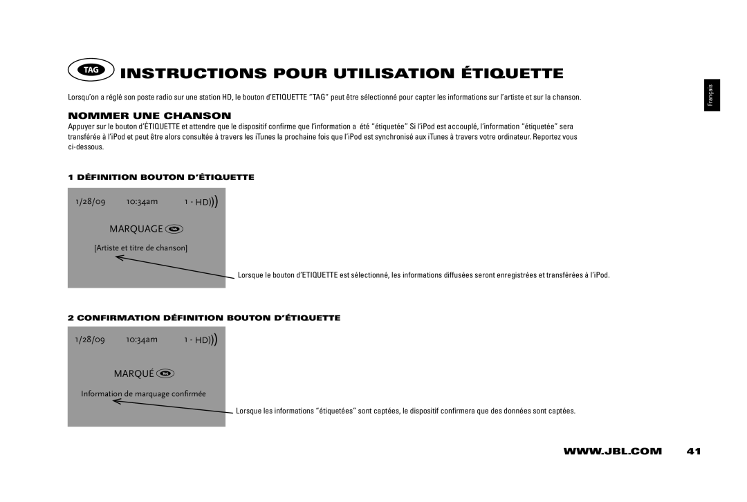 JBL 400IHD TAG Instructions Pour Utilisation éTIQUETTE, Artiste et titre de chanson, Information de marquage confirmée 