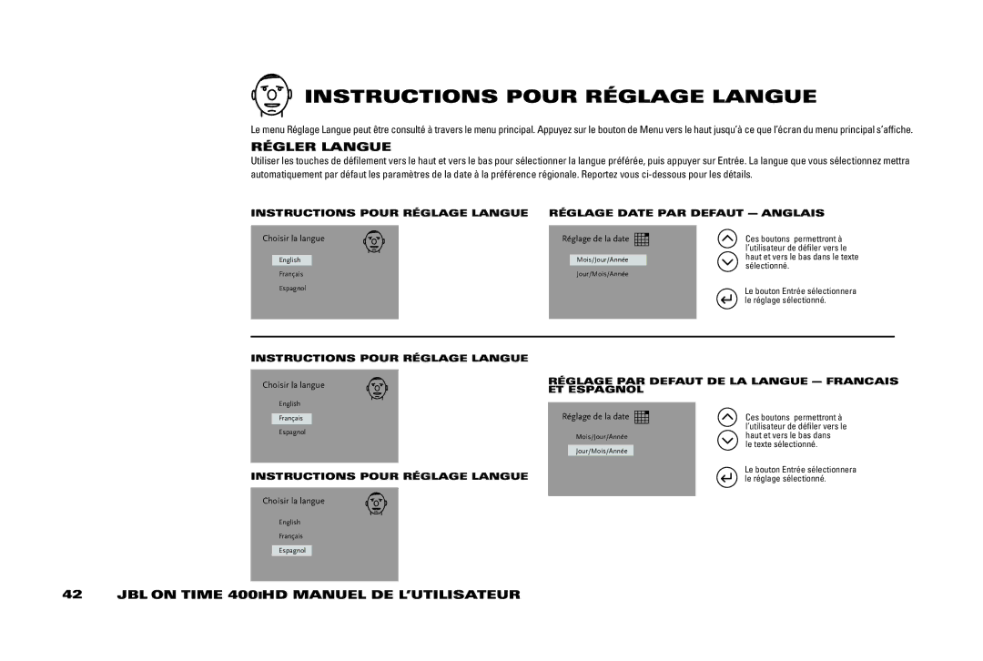 JBL 400IHD manual InSTRUCTiOnS Pour RÉGlAGE lAnGUE, RÉGlER lAnGUE, RÉGlAGE PAR Defaut DE lA lAnGUE FRAnCAiS ET ESPAGnOl 