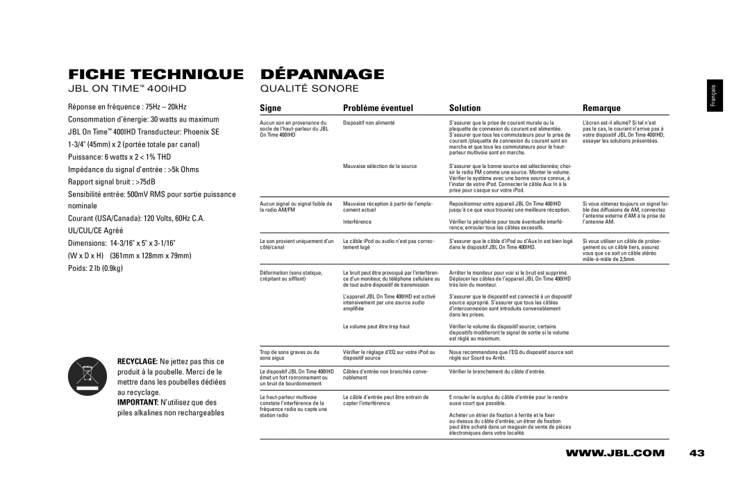 JBL 400IHD manual Fiche Technique, Dépannage, Signe Problème éventuel Solution Remarque, Poids 2 lb 0.9kg 