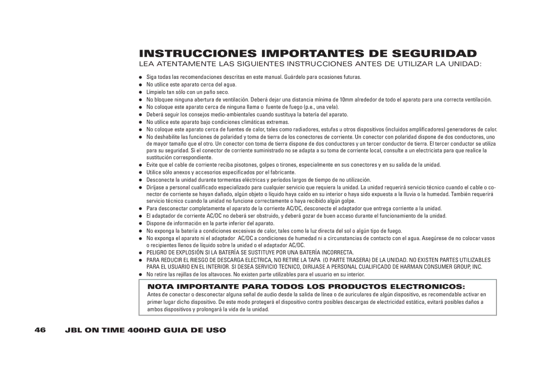 JBL 400IHD manual InSTRUCCiOnES iMPORTAnTES DE SEGURiDAD, NOTA iMPORTAnTE Para Todos lOS Productos ElECTROniCOS 