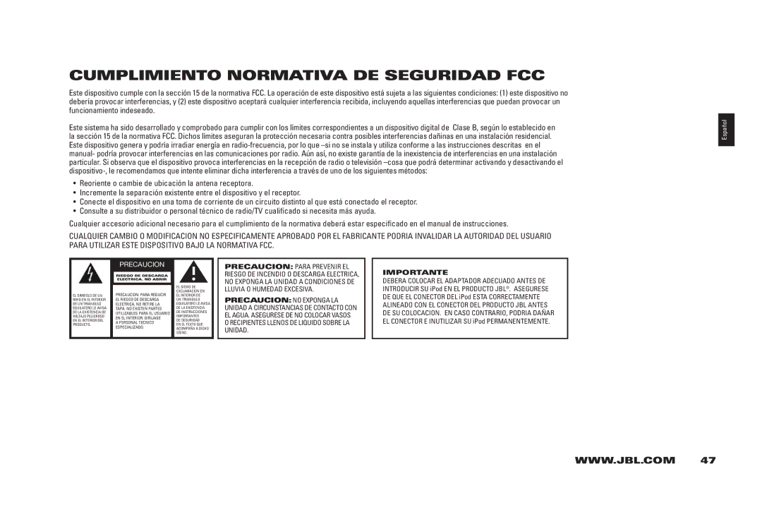 JBL 400IHD manual Cumplimiento Normativa DE Seguridad FCC, Precaucion 