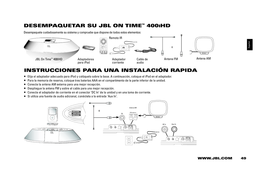 JBL 400IHD manual DESEMPAqUETAR SU jbl On TiME 400iHD, InSTRUCCiOnES Para UnA inSTAlACión RAPiDA, Antena AM 