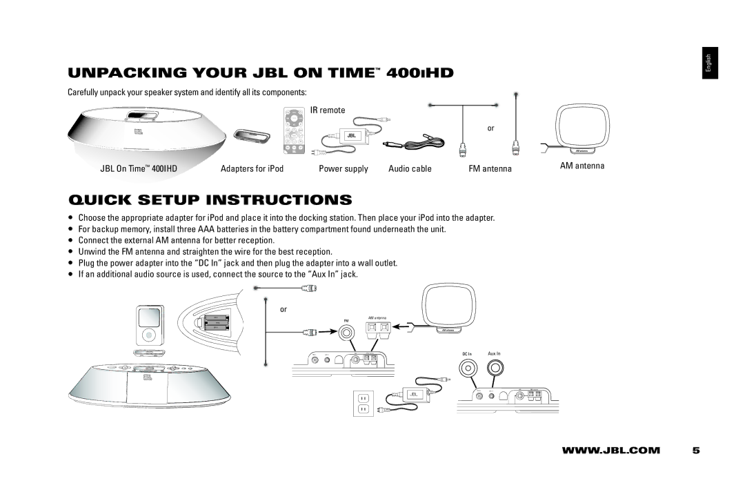 JBL 400IHD manual UnPACKinG yOUR jbl On TiME 400iHD, QUiCK Setup inSTRUCTiOnS, Adapters for iPod, Audio cable, AM antenna 