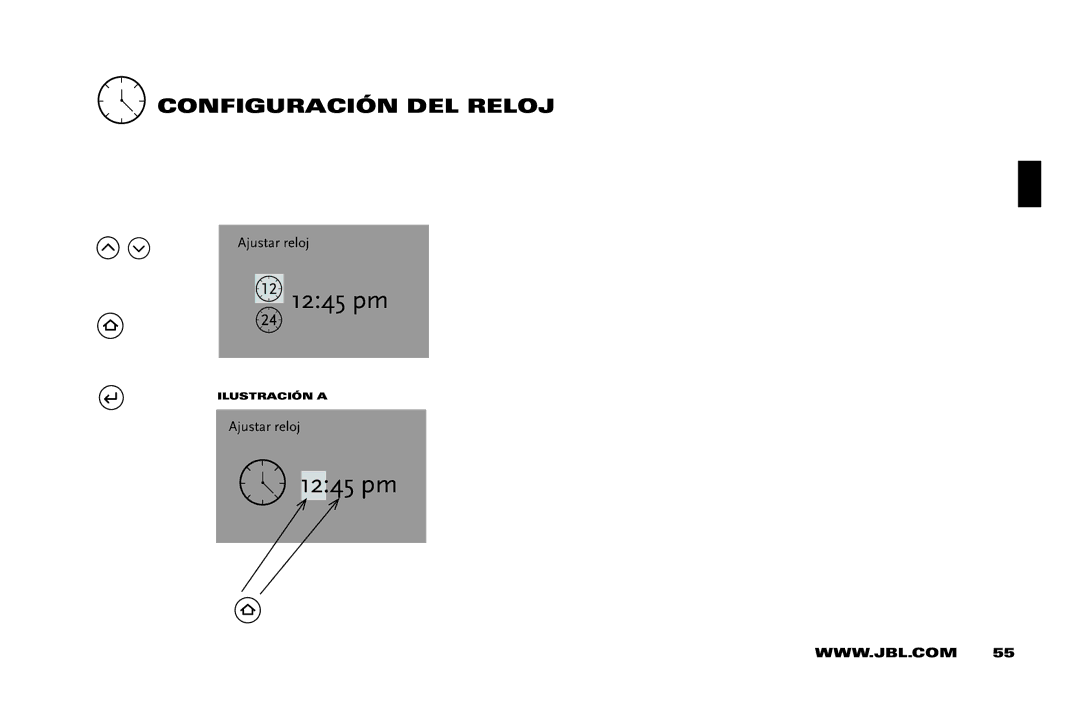 JBL 400IHD manual COnFiGURACión DEl RElOj 