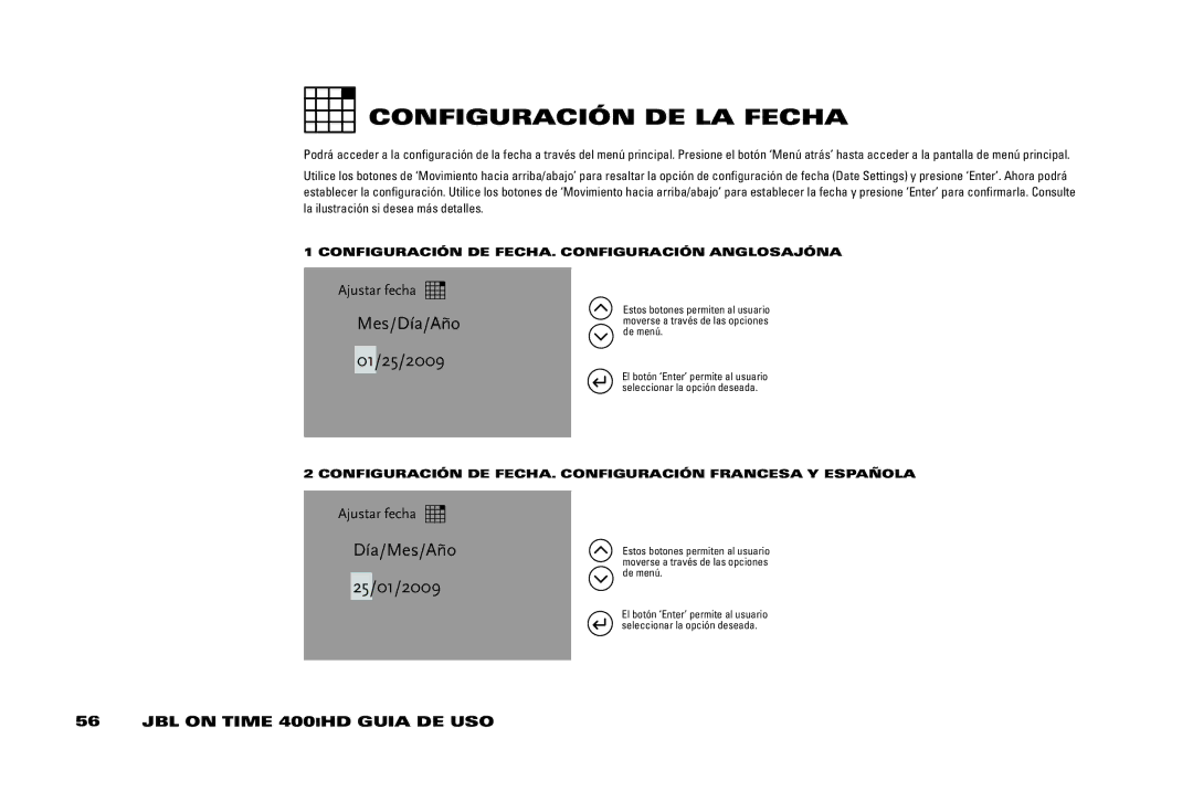 JBL 400IHD manual COnFiGURACión DE lA Fecha, COnFiGURACión DE FECHA. COnFiGURACión AnGlOSAjónA 