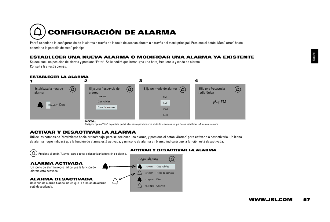 JBL 400IHD manual COnFiGURACión DE AlARMA, ACTivAR y DESACTivAR lA AlARMA, Elegir alarma, ESTAblECER lA AlARMA 