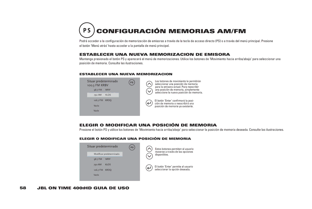 JBL 400IHD manual COnFiGURACión MEMORiAS AM/FM, ESTAblECER UnA nUEvA MEMORizACiOn DE EMiSORA 