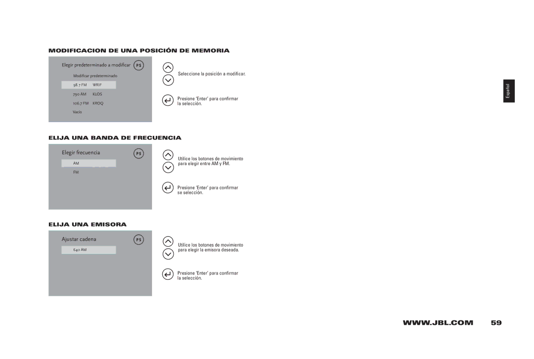 JBL 400IHD MODiFiCACiOn DE UnA POSiCión DE MEMORiA, ElijA UnA bAnDA DE FRECUEnCiA, Elegir frecuencia, ElijA UnA EMiSORA 