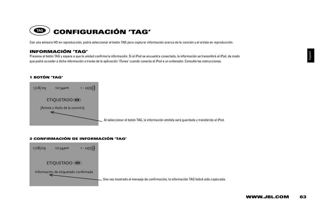 JBL 400IHD manual TAG CONFIGURACIóN ‘TAG’, INFORMACIóN ‘TAG’, Artista y título de la canción 