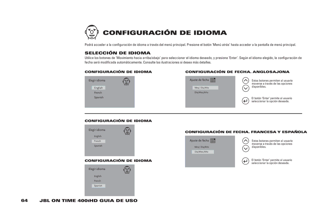 JBL 400IHD manual SElECCión DE iDiOMA, COnFiGURACión DE iDiOMA COnFiGURACión DE FECHA. AnGlOSAjOnA 