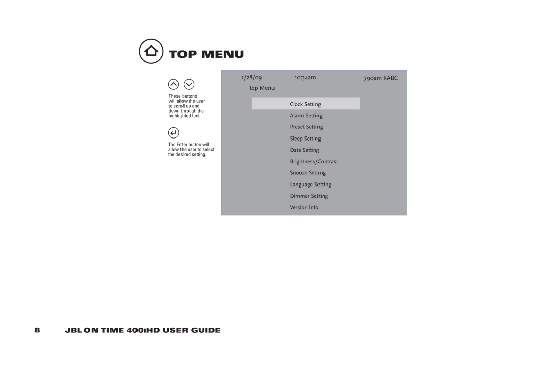 JBL 400IHD manual TOP MEnU, 1034am, Top Menu, 28/09 