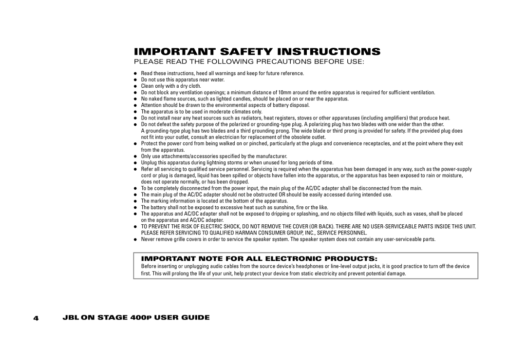 JBL manual Important Safety Instructions, Please Read the Following Precautions Before USE, JBL on Stage 400P User Guide 