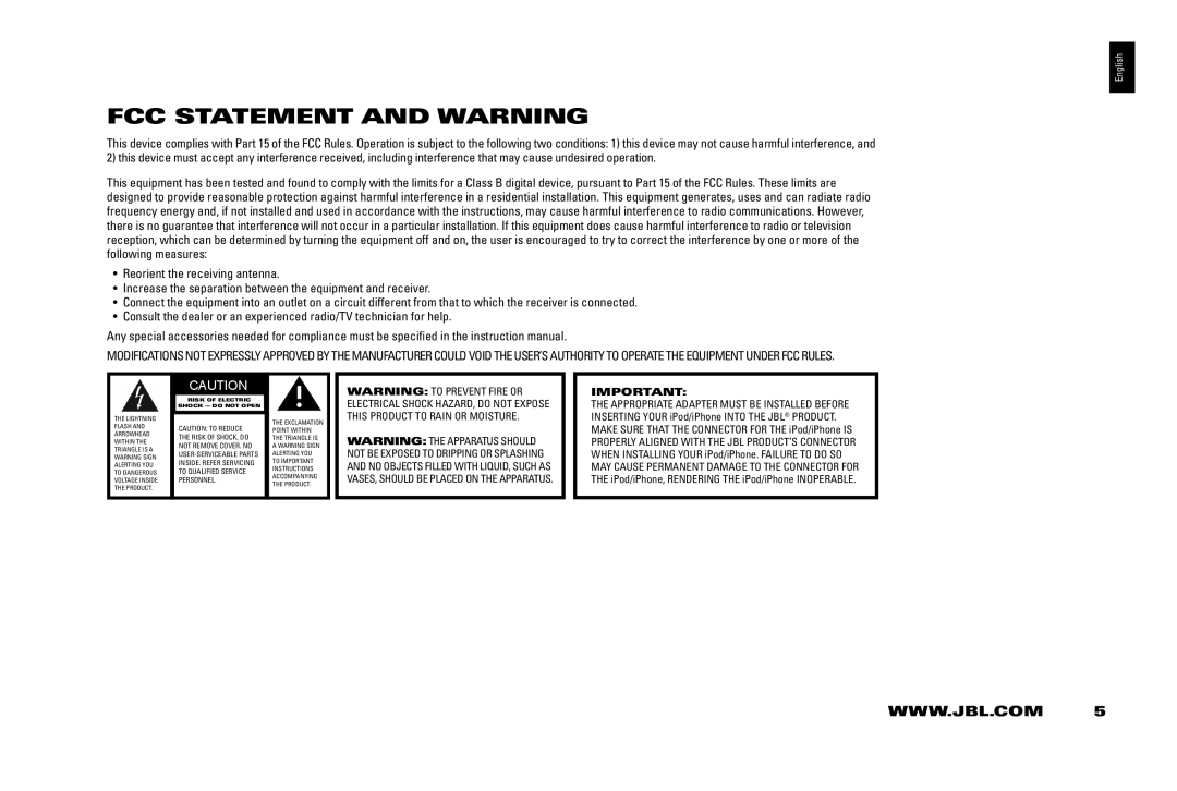 JBL 400P manual FCC Statement and Warning, Risk of Electric Shock do not Open 