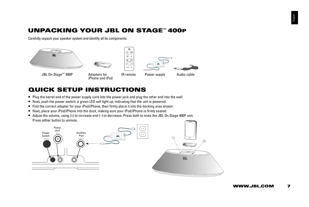 JBL manual Unpacking Your JBL on STAGE* 400P, Quick Setup Instructions 